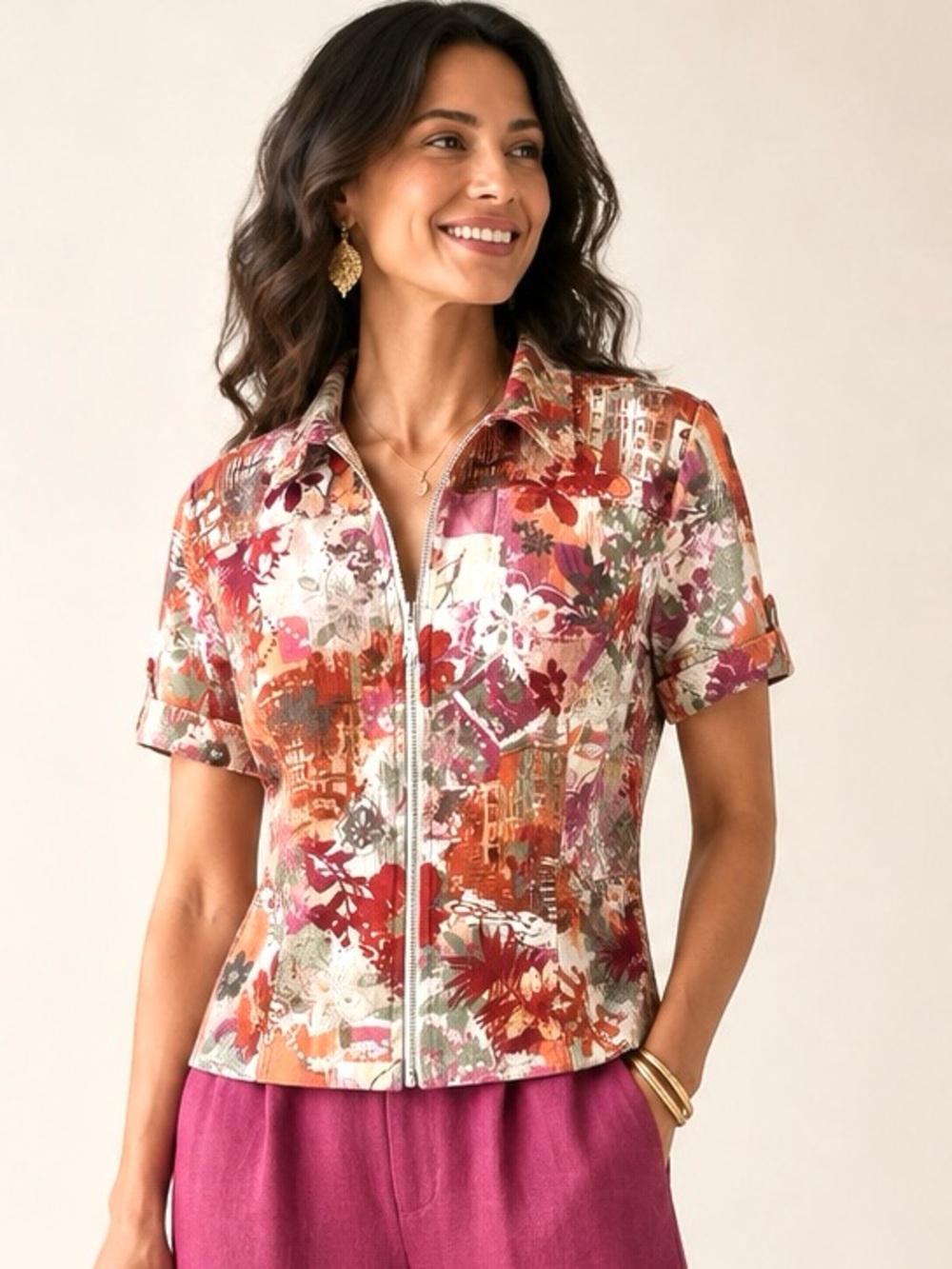 CHRISTOPHER & BANKS Multicolor Linen Cotton Blend Zip Up Top